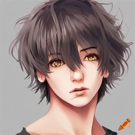 Anime styled, a fit boy with messy hair, brown eyes and black hair ...