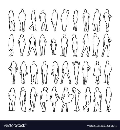 Large set detailed people silhouettes outline Vector Image