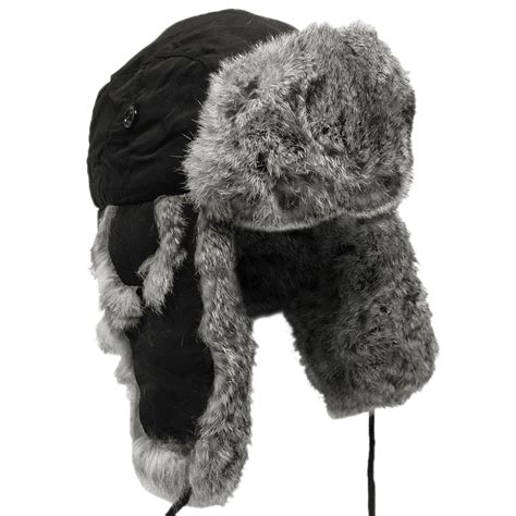 EXTRA WARM BLACK TRAPPER HAT RUSSIAN WINTER CAP EAR FLAPS GREY RABBIT ...