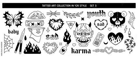 Y2k Tattoo art designs in 2000s style 3. Butterfly knife, demon mask ...