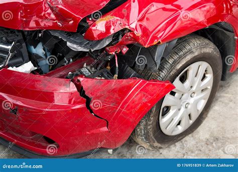 Red Car Crash Background. Front of Red Car Get Damaged by Accident on ...