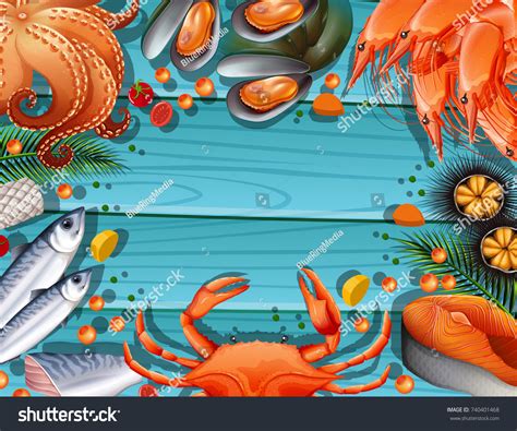 Seafood Over Blue Wooden Sea Theme Stock Vector (Royalty Free ...