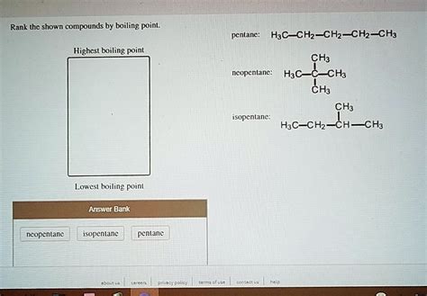 SOLVED: Rank the shown compounds by boiling point: pentane: H3C-CH2-CH2 ...