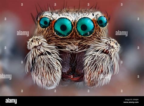 Close-up of a Jumping spider (Salticidae) with their big characteristic ...