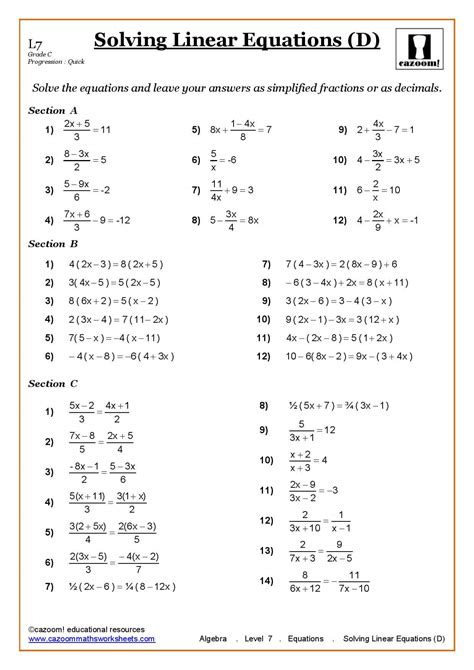 Free Worksheets Linear Equations