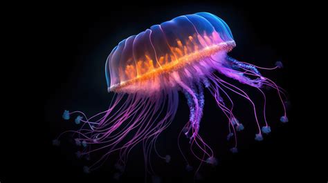 Bioluminescent jellyfish in the dark depths of the ocean, underwater ...