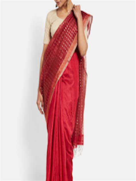 Buy Fabindia Red & Gold Toned Embroidered Zari Pure Silk Saree - Sarees ...