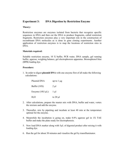 Protocol for DNA digestion by restriction enzyme