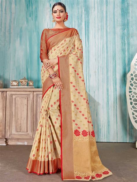 Shop Cream Art Silk Woven Saree with Contrast Border Durga Pooja Sarees ...