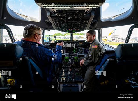 BERLIN - APRIL 27, 2018: Cockpit of strategic and tactical airlifter ...