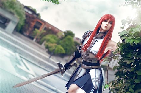 Wallpaper Fairy Tail Armor Swords Redhead girl Warriors Cosplay Erza