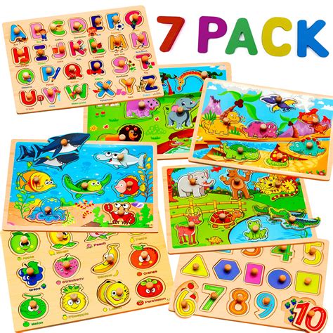 Buy 7 Pack Wooden Puzzles for Toddlers 2 3 4 5 Years Old - 7 Colorful ...