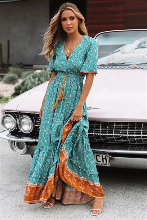 2019Women's Bohemian Style Long Dress Retro V neck Maxi Dress Spring ...