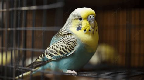 Small Blue And Yellow Budgie Is Sitting Inside A Cage Background ...