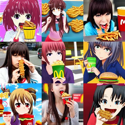 anime girl eating worms at mcdonalds in style mcdonalds | Stable ...