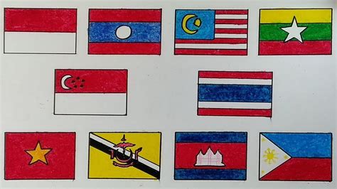 Cara menggambar bendera negara ASEAN || Menggambar macam macam bendera ...