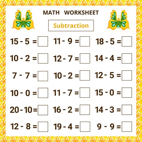 Math worksheet.Subtraction.Educational card for kids. 6031185 Vector ...