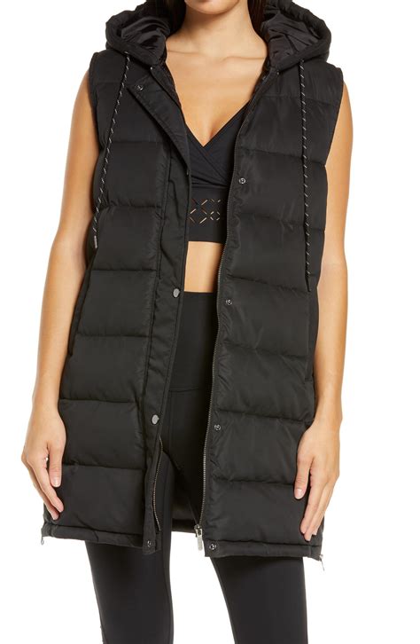 Zella Long Hooded Puffer Vest in Black | Lyst