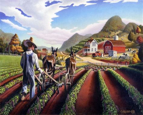 Cultivating The Peas folk art farm americana landscape oil painting ...