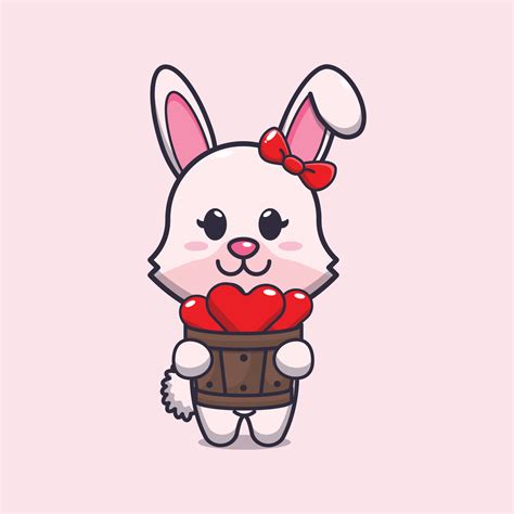 cute bunny cartoon character holding love in wood bucket 6594479 Vector ...