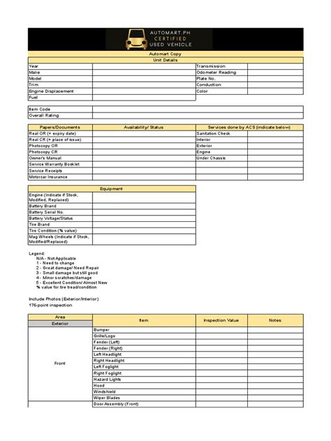 ACV Inspection Checklist (Automart) PDF | PDF | Trunk (Car) | Tire