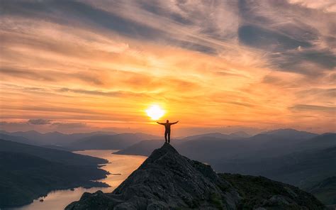 Photo of man on top of mountain during sunset HD wallpaper | Wallpaper ...