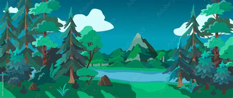 Vector illustration of a forest landscape, mountains and a river at ...