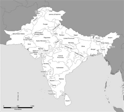 Map of India showing the political boundaries during British rule and ...