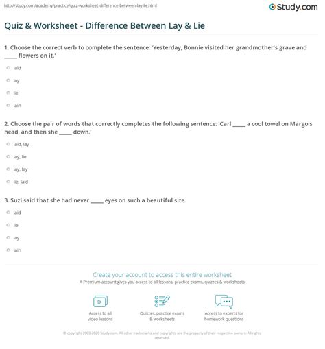 Quiz & Worksheet - Difference Between Lay & Lie | Study.com