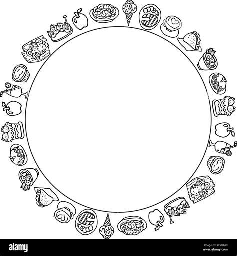 vector cartoon food black and white set Circle border background Stock ...