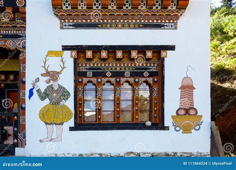 Bhutanese House with Traditional Phallus Paintings - Bhutan Editorial ...