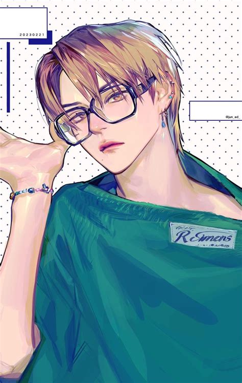 a drawing of a person wearing glasses and a green shirt with his hand ...