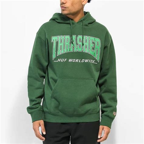 HUF x Thrasher Bayview Pullover Hoodie Men forest green | eBay ...