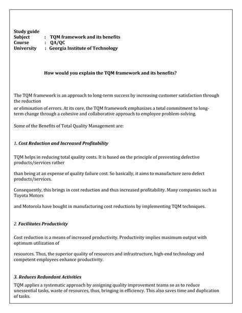 SOLUTION: Tqm framework and its benefits - Studypool
