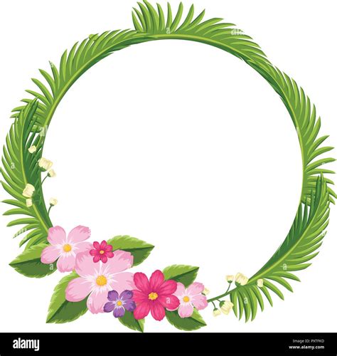 Border template with green leaves and pink flowers illustration Stock ...