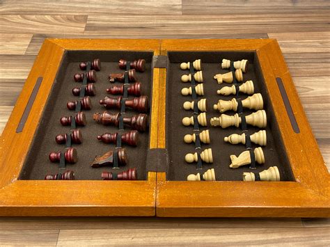 Vintage Wood Chess Set in wood chest folding chess board, Game night ...