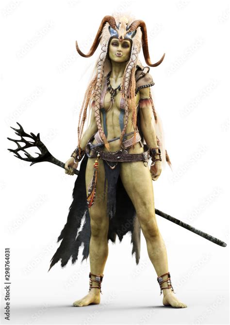 Portrait of a fantasy female orc shaman with staff and native outfit ...