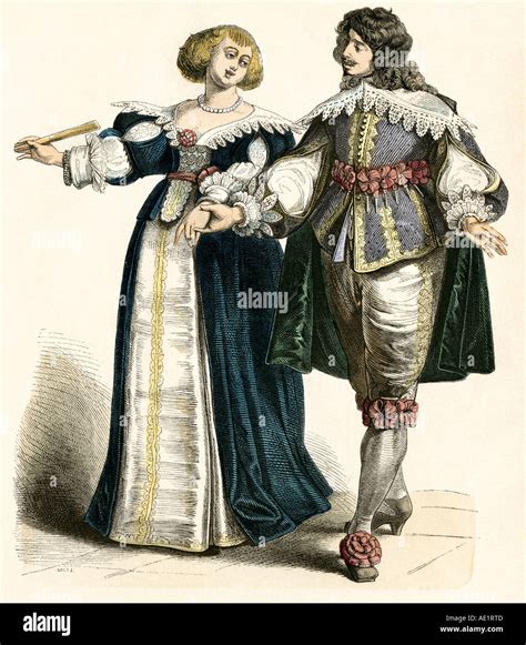 Fashionable European couple of the 1600s. Hand-colored print Stock ...