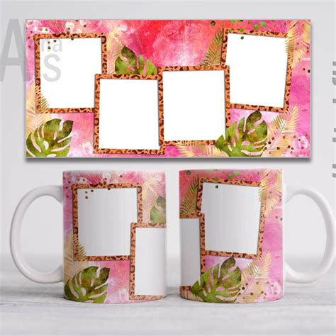 Pink mug template for 4 photo. Coffee mug design with leaves. Png file ...