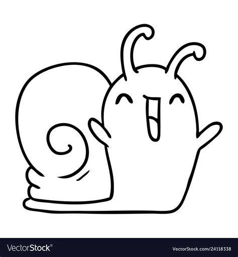 Line drawing kawaii happy cute snail Royalty Free Vector