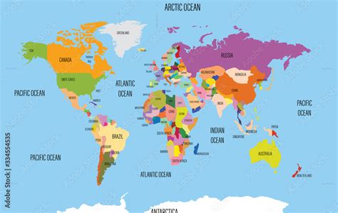 World map with names of countries and oceans. Travel agency concept ...