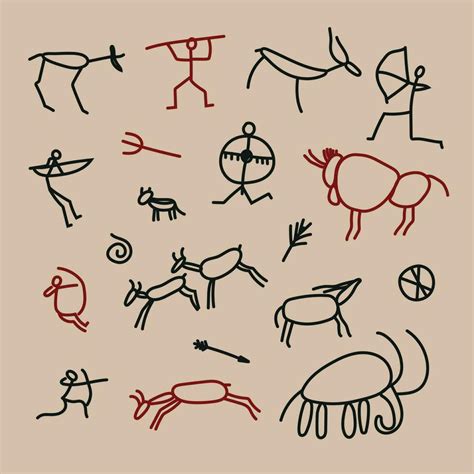 Hand-drawn pattern of cave drawings.Rock painting. Primitive ancient ...