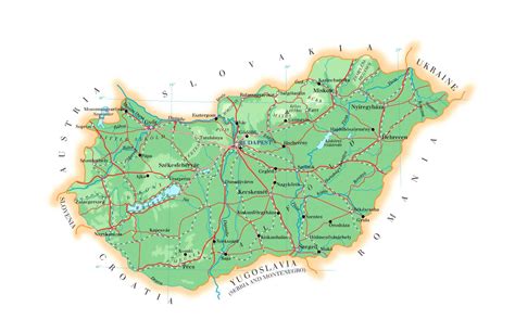 Large detailed physical map of Hungary with cities, roads and airports ...