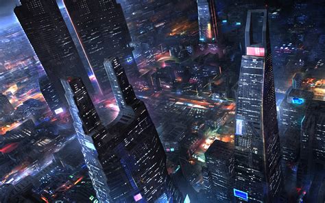 Wallpaper Future city, skyscrapers, night, lights, art design 3840x1200 ...