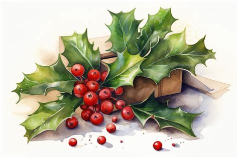 Premium Photo | A watercolor painting of holly with red berries