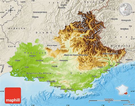 Physical Map of Provence-Alpes-Côte D'Azur, shaded relief outside