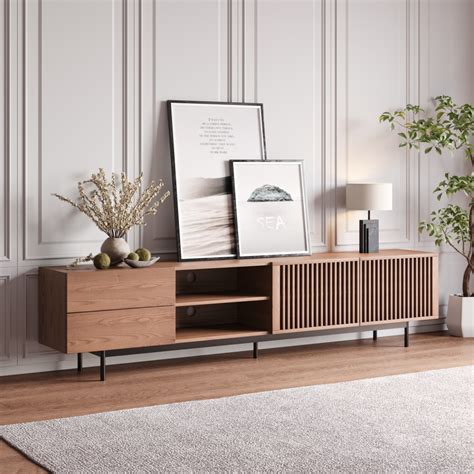 Mid-Century Modern TV Stand | Louvered Wood & Slatted Doors | Free Shipping