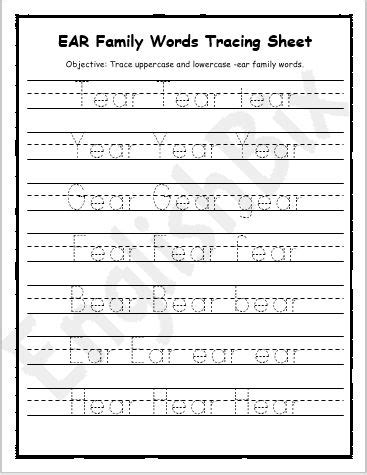 EAR Word Family Activities Worksheets - EnglishBix