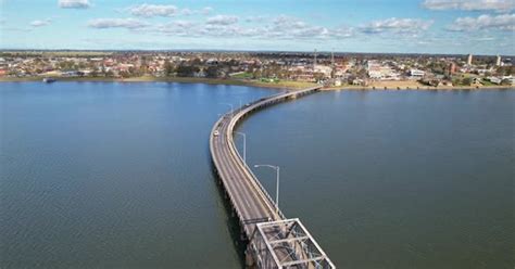 Over the Yarrawonga Mulwala bridge on Lake Mulwala towards the town of ...