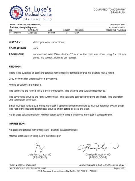 CT Scan Result Sample Template | PDF | Radiology | Ct Scan